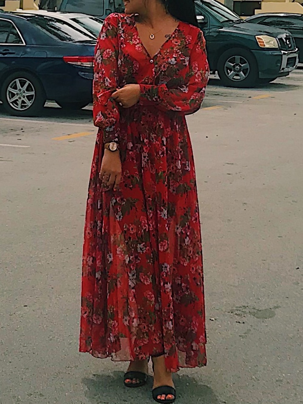 Red Floral Wrap Maxi Dress - Picture 5 of 5